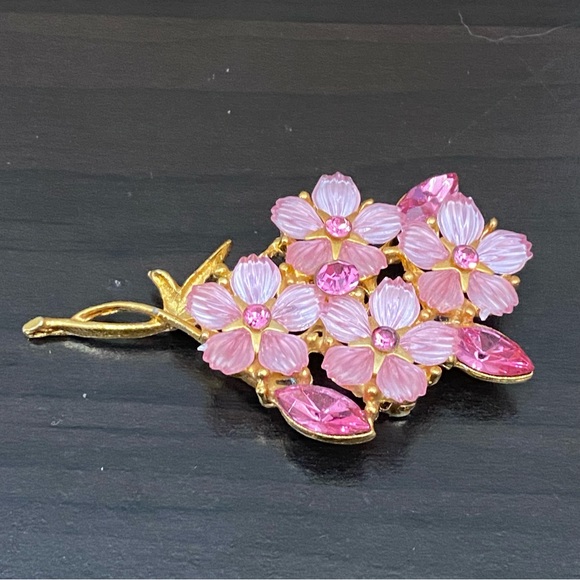 Vintage Unsigned Pink Rhinestones Flower Bouquet Brooch - Picture 12 of 15